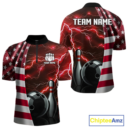 Red Lightning Thunder American Flag Bowling Shirts For Men Custom patriotic team bowling jerseys NQS10961