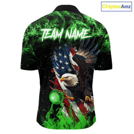 Green Flame American Flag Eagle bowling shirts for Men Custom Bowling Team Jersey, gift for Bowler NQS11555