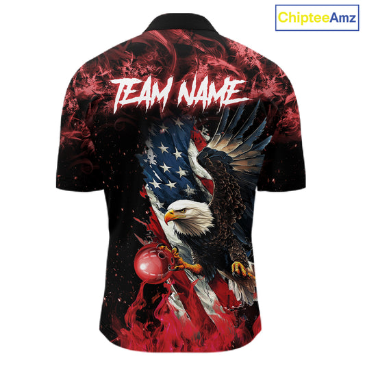 Red Flame American Flag Eagle bowling shirts for Men Custom Bowling Team Jersey, gift for Bowler NQS11556