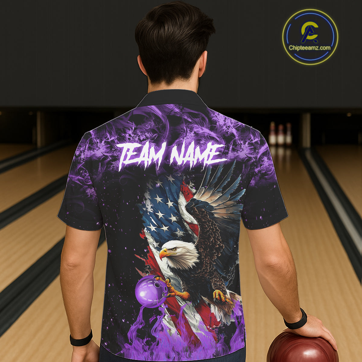 Purple Flame American Flag Eagle Bowling Hawaiian shirt Custom Bowling Team button-up shirts NQS11557