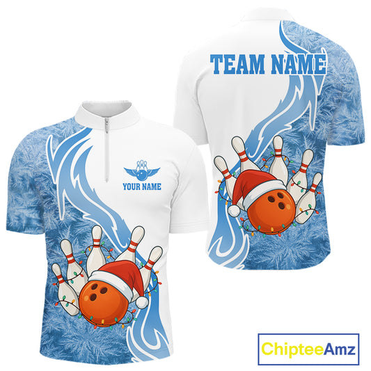 White and Blue Ice pattern Christmas Bowling shirts for men Custom Xmas Team bowling jerseys NQS10967
