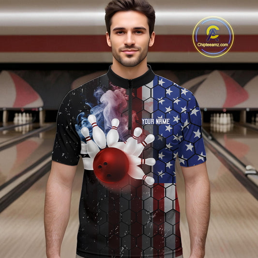 Smoke American Flag Vintage Bowling Polo, 1/4 Zip Shirts For Men Custom Patriotic Bowling Team jerseys NQS9802