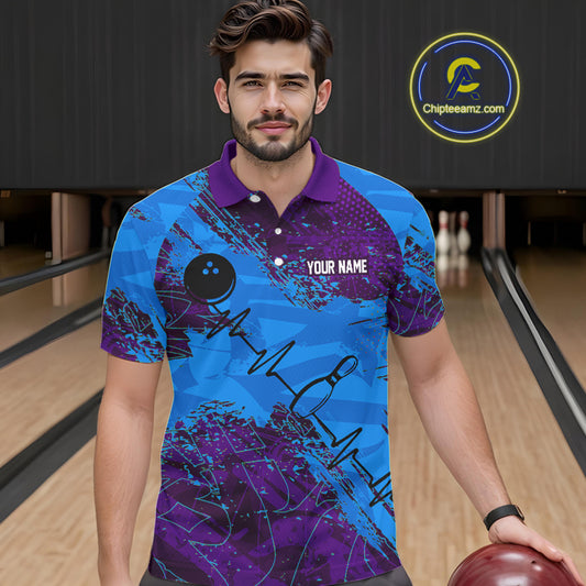 Blue and Purple Grunge Camo Heartbeat Bowling Polo, 1/4 Zip Shirt For Men Custom Bowling Team Jersey NQS10040