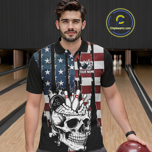 Vintage American Flag retro skull bowling shirts for Men Custom patriotic Bowling Team Outfit NQS10048