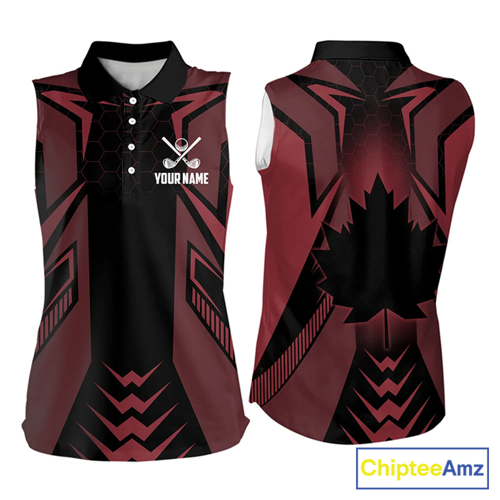 Black and Red Canadian Flag Womens Sleeveless Polo Shirts Custom Patriotic Golf Gifts For Women NQS9096