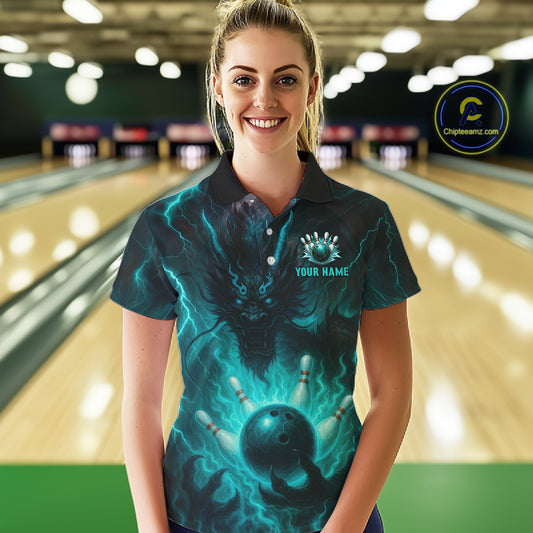 Personalized Black and Turquoise Flame Lightning Dragon Bowling Shirts For Women, Team Bowling Jersey NQS11168