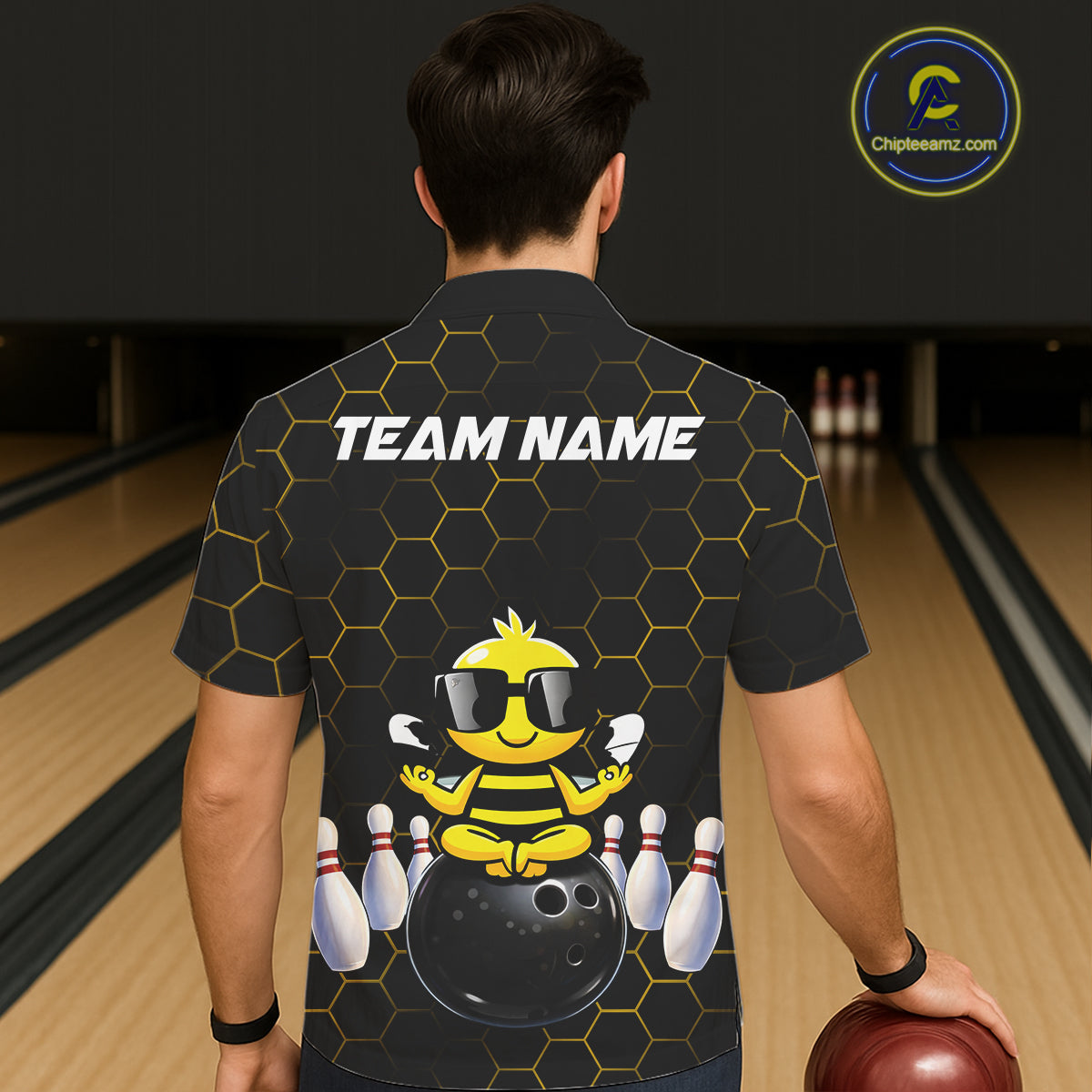 Black and Gold Funny Bee Bowling Hawaiian Shirt Custom Team Bowling Button-up shirt, Gift For Bowlers NQS11582