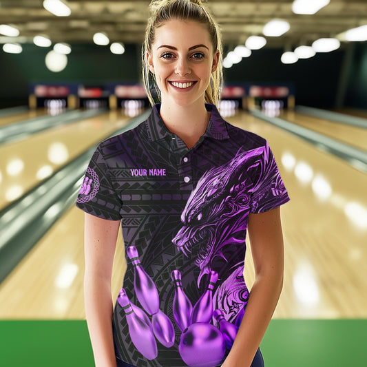 Black and Purple Dragon Tribal Bowling Polo, 1/4 Zip Shirts For Women Custom Retro Bowling Team Jersey NQS9630