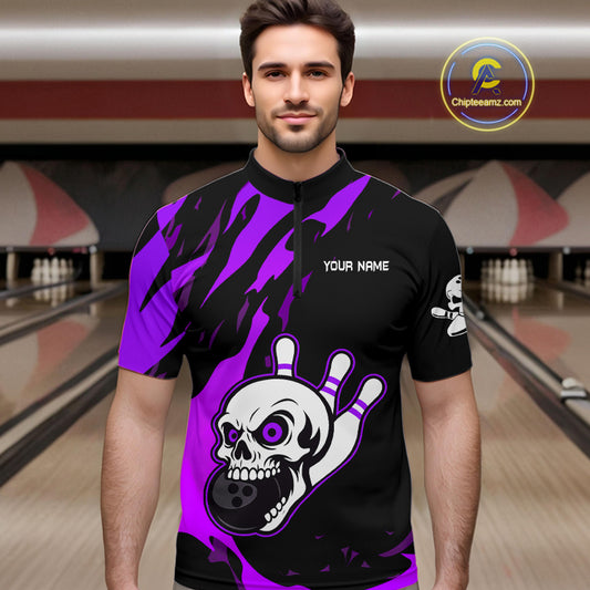 Black and Purple Skull Bowling Shirts for Men Custom Team bowling jersey, gift for bowlers NQS11710
