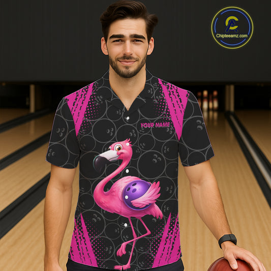Funny Pink Flamingo Black Bowling Camo Bowling Button-up Shirt Custom Flamingo Team bowling outfit NQS11716
