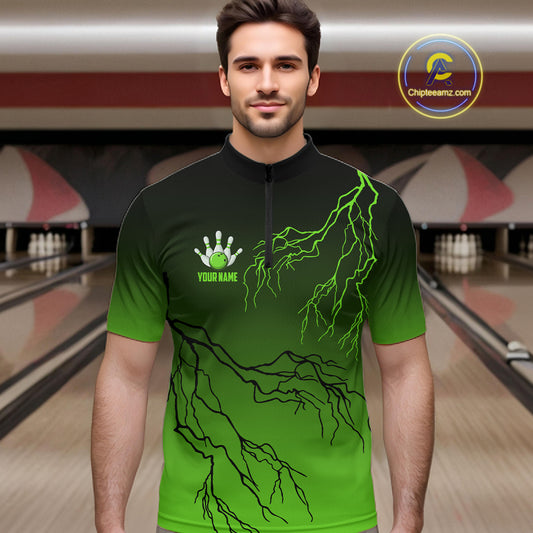 Black and Green gradient storm Lightning thunder Bowling shirts for Men Custom Bowling Team Jerseys NQS11171