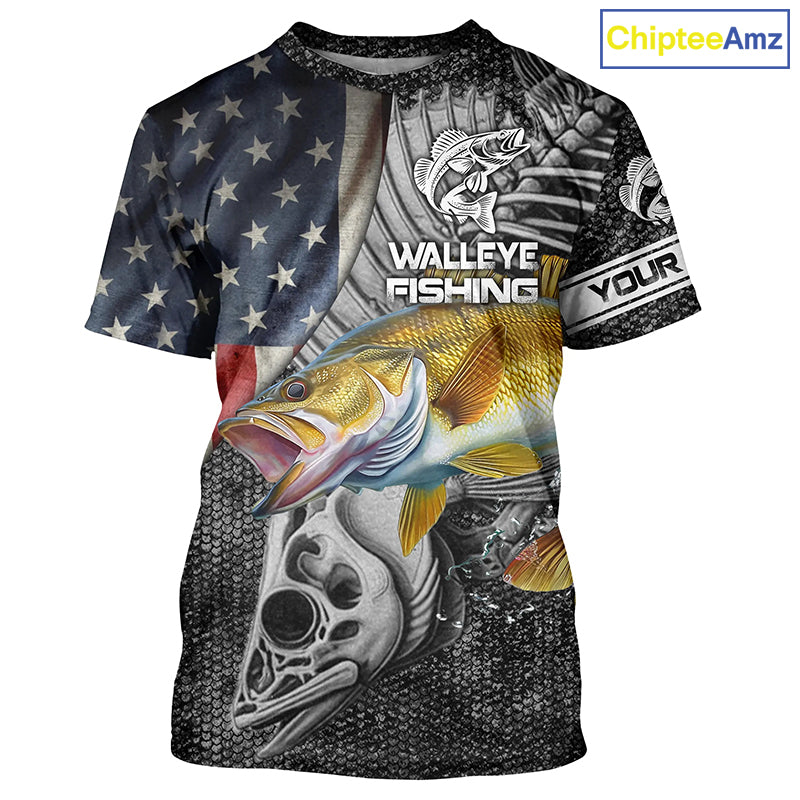 Walleye Fishing American Flag patriotic Custome 3D All Over Printed Shirts Personalized Fishing gift NQS340