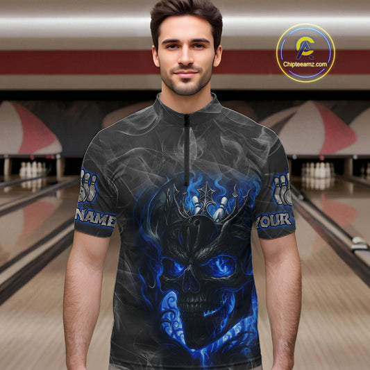 Grey Smoke Blue Flame Skull Bowling Polo, Quarter Zip Shirts For Men Custom Team Bowling Jerseys NQS11182