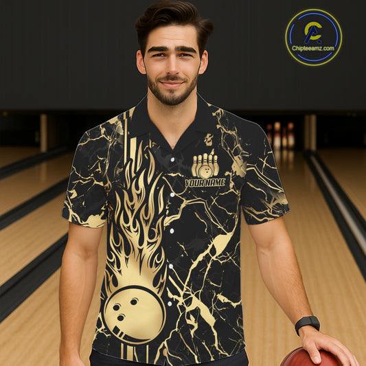 Black and Gold Camo Flame Bowling Hawaiian Shirts Custom Team Bowling Button up shirt NQS11183