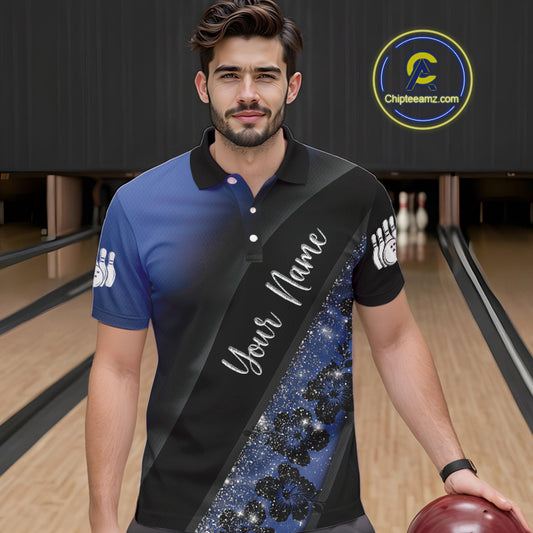 Black and Blue Glitter Flower Bowling Polo, Quarter Zip Shirt for Men Custom Bowling Team Jerseys NQS10383