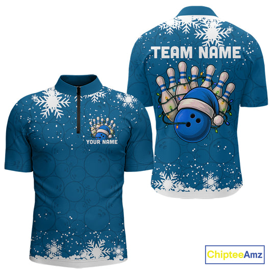 Blue Christmas Bowling snowflake Men's Bowling Polo, Quarter Zip shirts Custom Xmas Bowling Outfits NQS10995