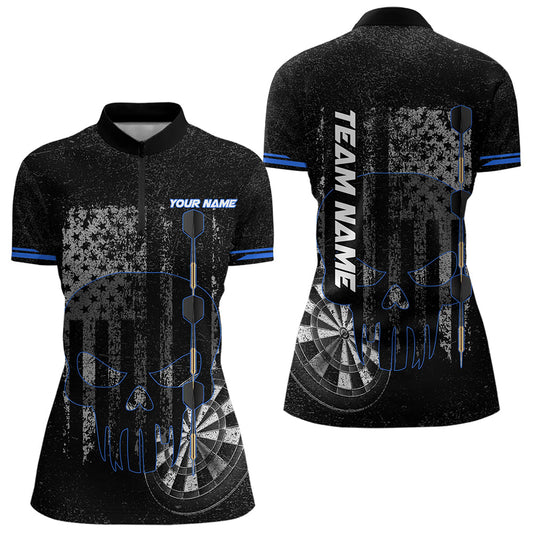 Black & White grunge American Flag Skull Women Darts Shirts Custom patriotic Team Darts Jersey | Blue NQS9343