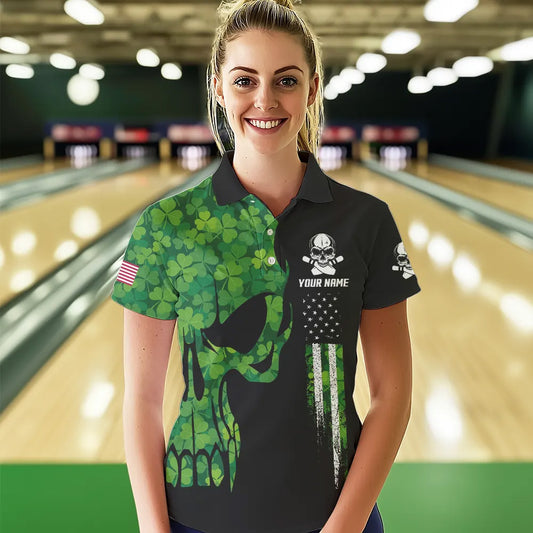 Skull Green Clover pattern American Flag Women Bowling Shirt Custom St Patrick Day Bowling Team Jersey NQS9643