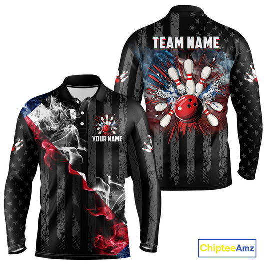 Black Texas flag smoke Men Bowling Polo, Quarter Zip shirt Custom Patriotic Team Bowling Jersey NQS10402
