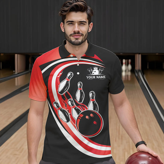 Black and Red Bowling Polo, 1/4 Zip Shirt For Men Custom Bowling Team League Jersey, Gift For Bowler NQS9490