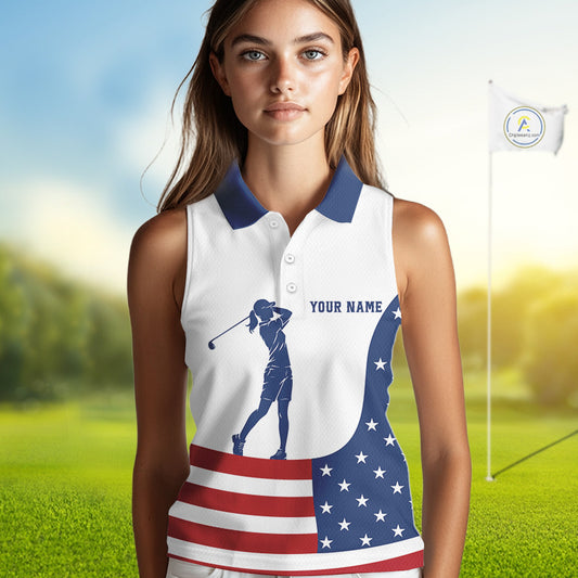 Red, White and Blue American Flag Sleeveless Golf polo shirt custom patriotic ladies golf outfit NQS11728
