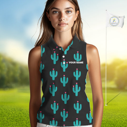 Personalized black & green cactus flower pattern Women sleeveless polo shirt custom cactus golf shirts NQS9942