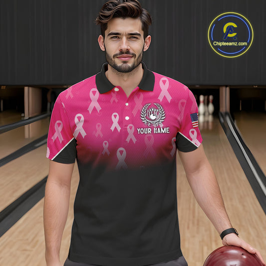 Custom American flag patriotic Pink ribbon breast cancer bowling shirt for men bowling team jersey NQS10413