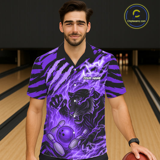 Personalized Tiger Bowling Hawaiian Shirt, Purple Flame Lightning Thunder Tiger Team Bowling Jerseys NQS11234