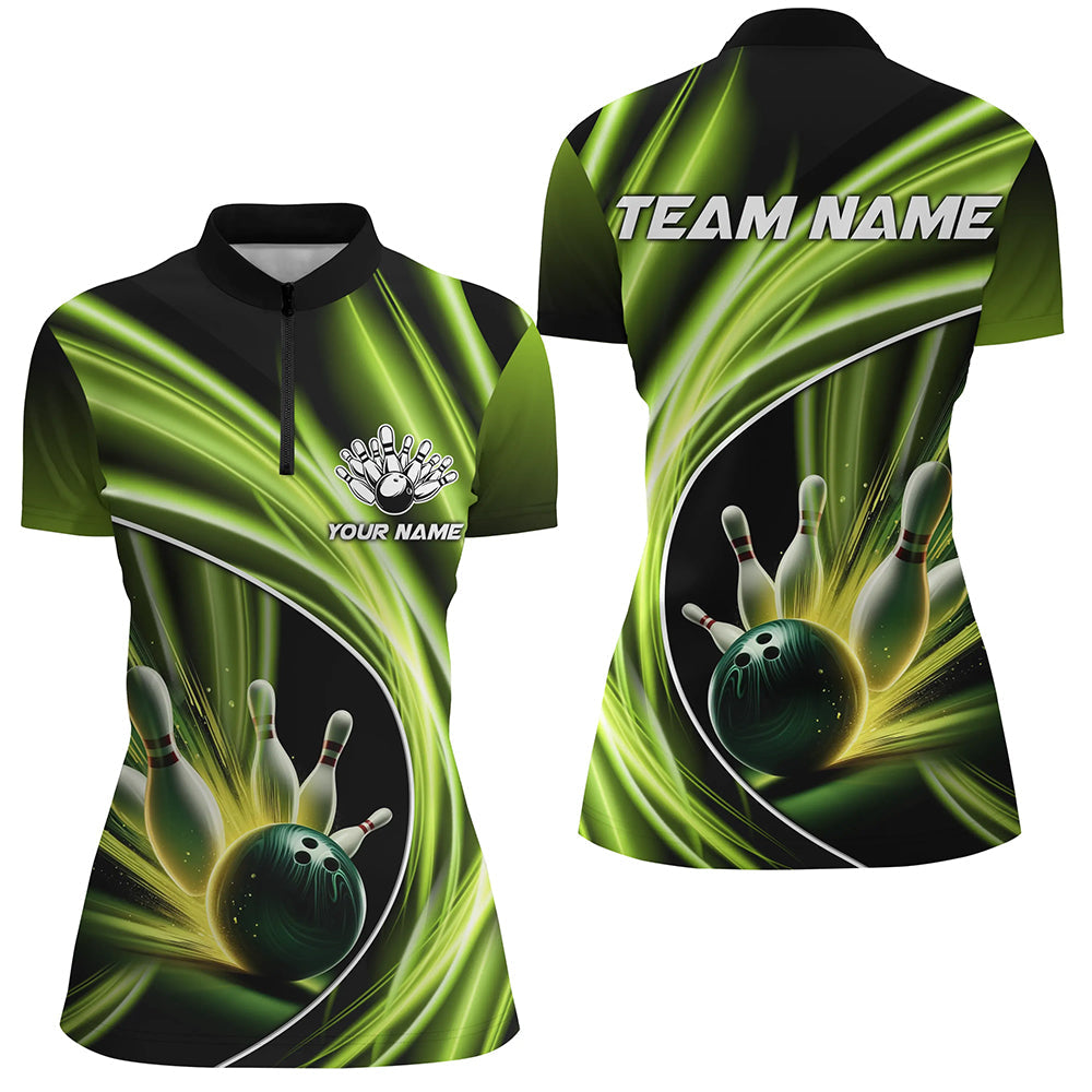 Green Light Bowling Jerseys For Women Custom Ladies Bowling Polo, Quarter-Zip Shirt for Team Bowlers NQS7603