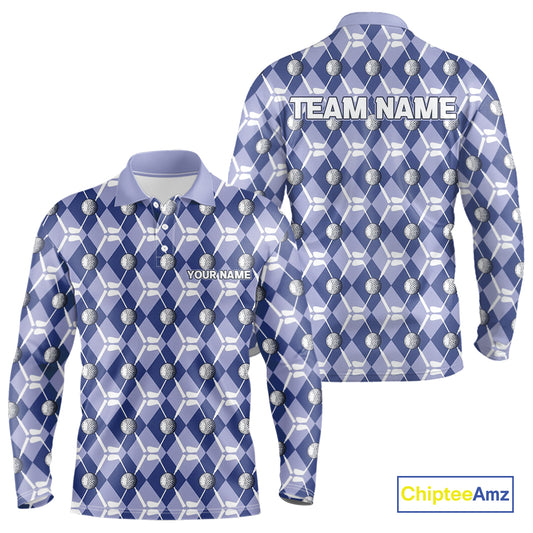Mens golf polo shirts custom blue argyle plaid pattern golf attire for men, golfer gifts NQS10434