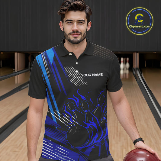 Black and Blue Flame Bowling Polo, Quarter Zip Shirts For Men Custom Bowling Outfit Team Jerseys NQS9962