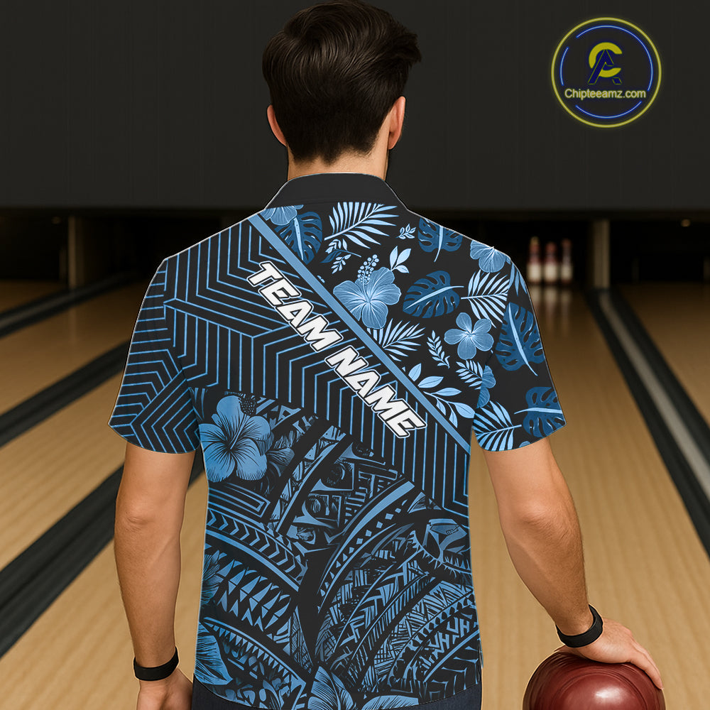 Black and Blue tribal pattern tropical Bowling Hawaiian Shirts Custom Team Bowling Jerseys NQS11468