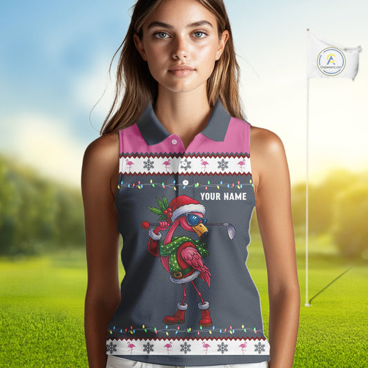 Pink argyle pattern Funny Christmas Flamingo Women sleeveless polos custom golf attire for ladies NQS11088