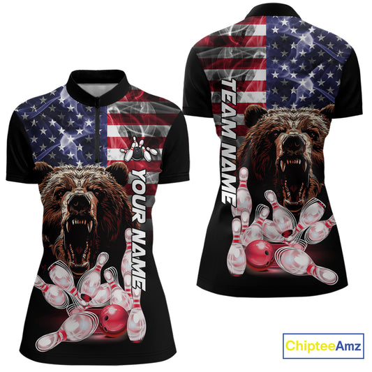 American Flag Bear Bowling Polo, Quarter Zip Shirts for Women Custom patriotic Team Bowling jerseys NQS10287