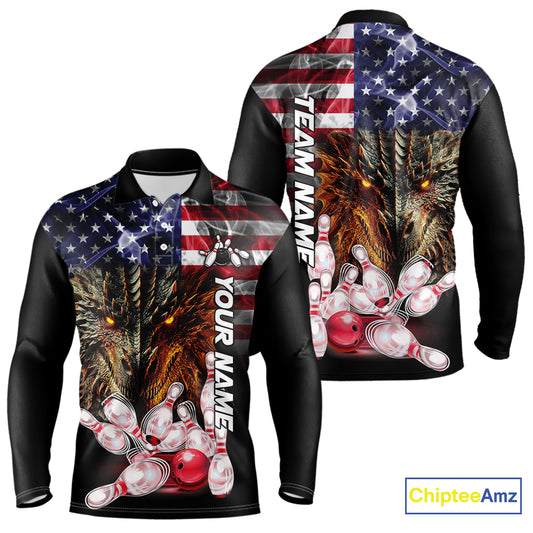 American Flag Dragon Bowling Polo, Quarter Zip Shirts for Men Custom patriotic Team Bowling jerseys NQS10288