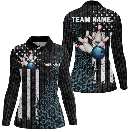 Black white American flag Women bowling Polo, Quarter Zip shirt Custom camo Bowling Team Jersey | Blue NQS8531