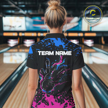 Load image into Gallery viewer, Personalized Black, Blue and Pink Bowling Shirts For Women, Bowling Ball & Pins Bowling Team Shirts NQS10742