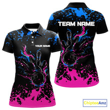 Load image into Gallery viewer, Personalized Black, Blue and Pink Bowling Shirts For Women, Bowling Ball & Pins Bowling Team Shirts NQS10742