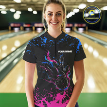 Load image into Gallery viewer, Personalized Black, Blue and Pink Bowling Shirts For Women, Bowling Ball & Pins Bowling Team Shirts NQS10742
