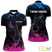 Load image into Gallery viewer, Personalized Black, Blue and Pink Bowling Shirts For Women, Bowling Ball & Pins Bowling Team Shirts NQS10742