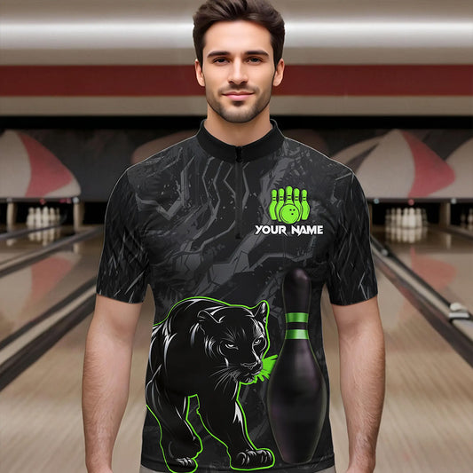 Black Camo Panther Green Flame Bowling Polo, 1/4 Zip Shirts For Men Custom Bowling Team League Jersey NQS9442
