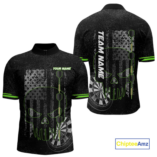 Black & White grunge American Flag Skull Mens Darts Shirt Custom patriotic Team Darts Jersey | Green NQS10748