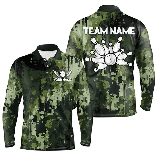 Green Camo Bowling Polo, Quarter Zip Shirts For Men Custom Bowling Team Jerseys, Gift For Bowlers NQS9058