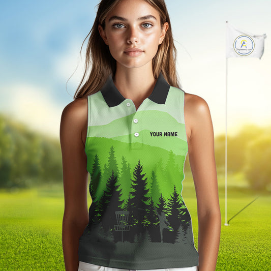 Green pattern forest Womens sleeveless polo shirt Custom team disc golf jerseys for ladies NQS10027
