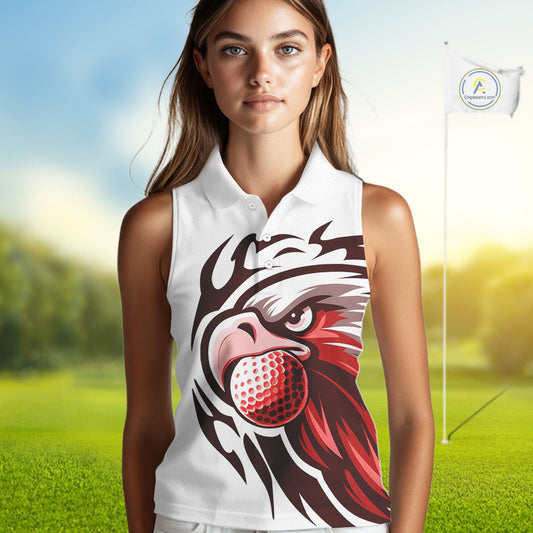 Women sleeveless polo shirt custom Red Eagle golf ball white golf tops, team golf attire for ladies NQS10553