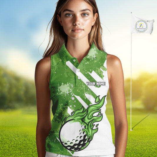Green and white golf ball flame Women Sleeveless Polo Shirt custom team ladies golf clothing NQS10978