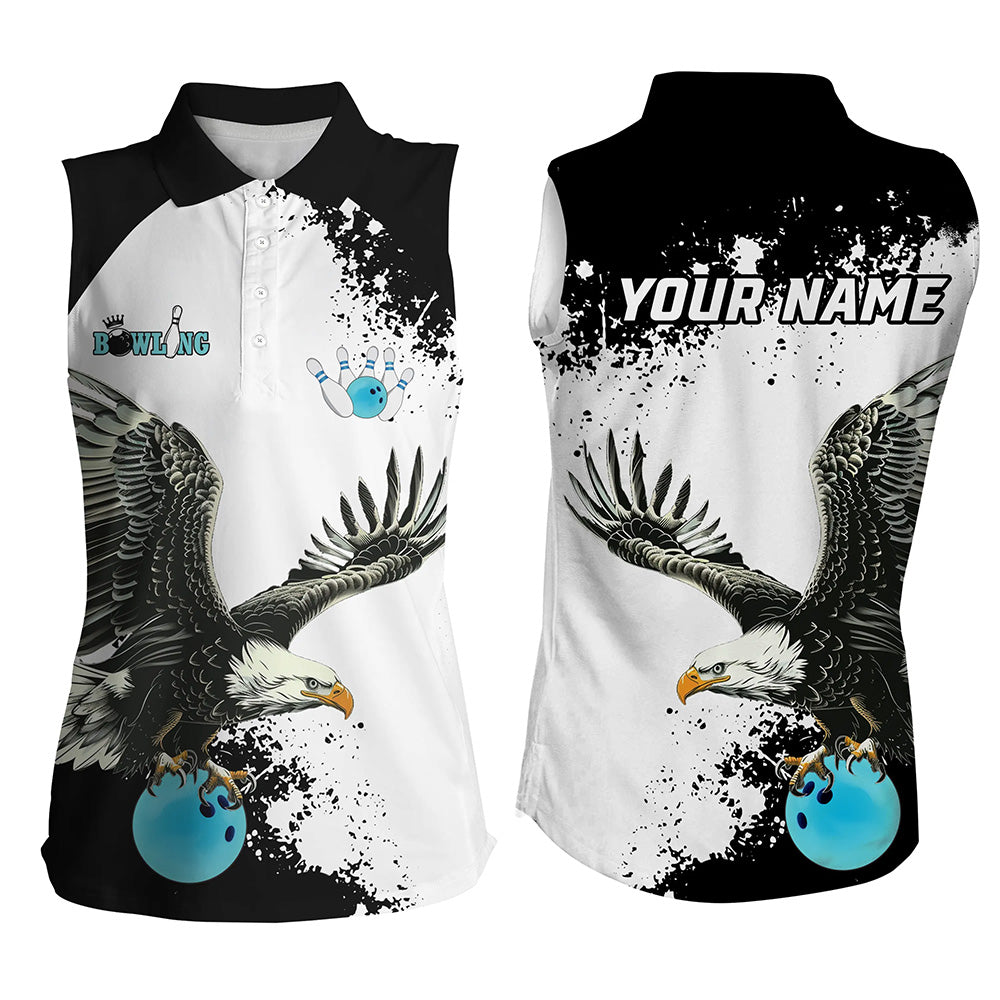 Black and white Women sleeveless polo shirts Custom Eagle Team bowling shirts, gift for bowlers | Blue NQS7404
