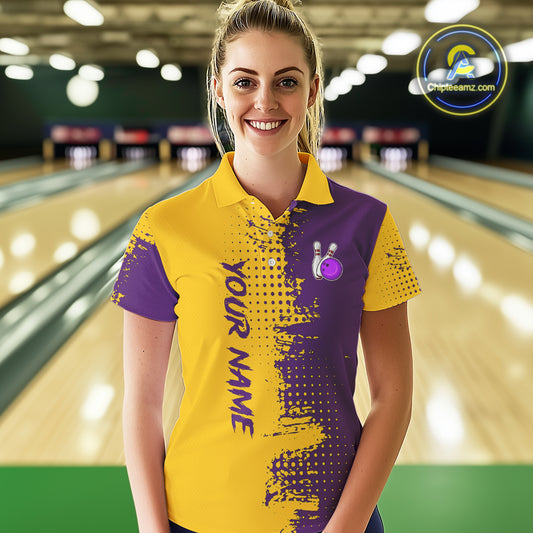 Yellow and Purple Bowling Polo, Quarter Zip shirts for Women Custom Bowling Team Jerseys NQS10222