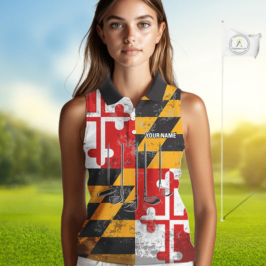 Maryland Flag Golf Clubs sleeveless polo shirt Custom patriotic golf top, personalized golf gifts NQS10382