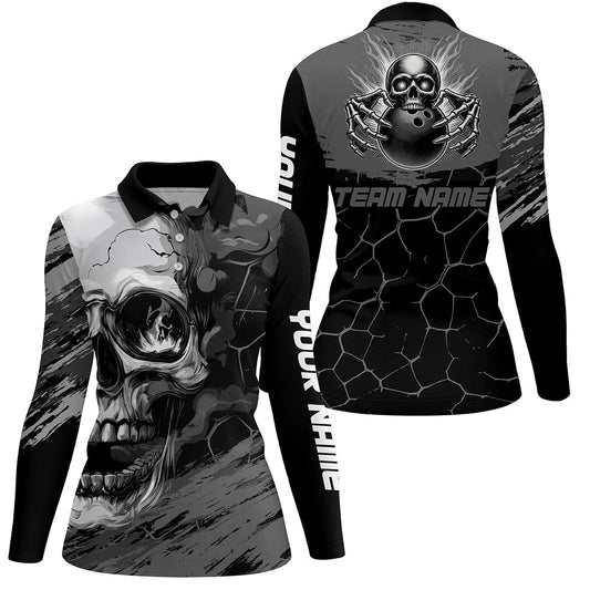 Black and Gray Skull Bowling Custom Bowling Polo, 1/4 zip Shirts For Women Bowling Team League Jerseys NQS8425